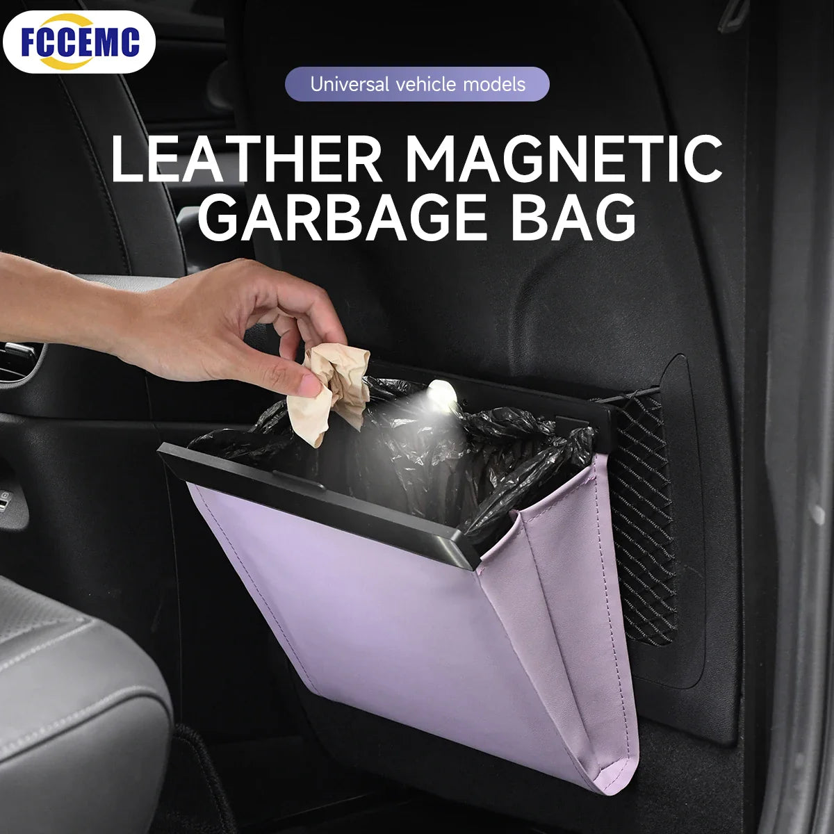 Car Garbage Bag with LED Waterproof Magnetic Adsorption Storage Bag Seat Hanging Trash Can Leather Storage Pocket Leak-Proof